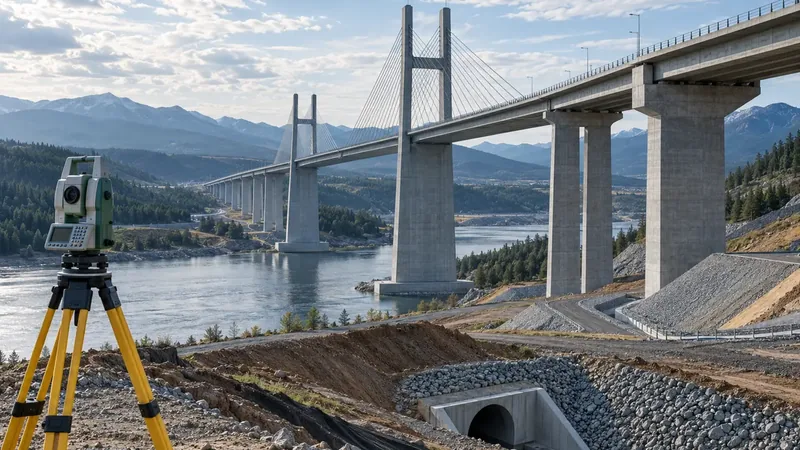 Surveying equipment overlooking a cable-stayed bridge under construction
