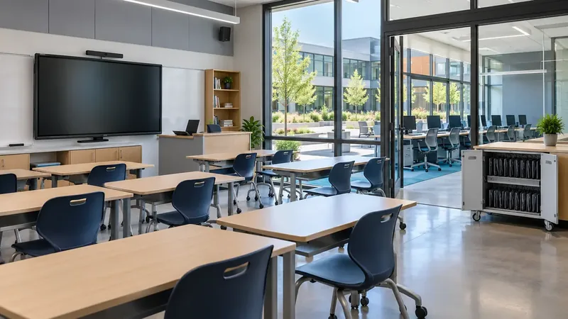 Modern classroom with an interactive display and a mobile laptop charging cart