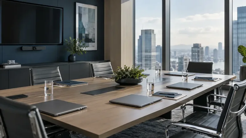 Conference room table with laptops set out, overlooking a city skyline