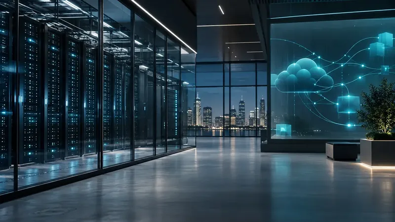 Data center server racks with a city skyline visible at night